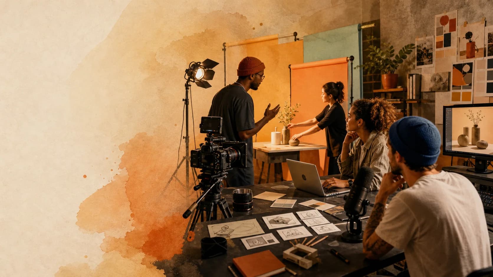 A multidisciplinary creative team planning, filming, and reviewing a product campaign
