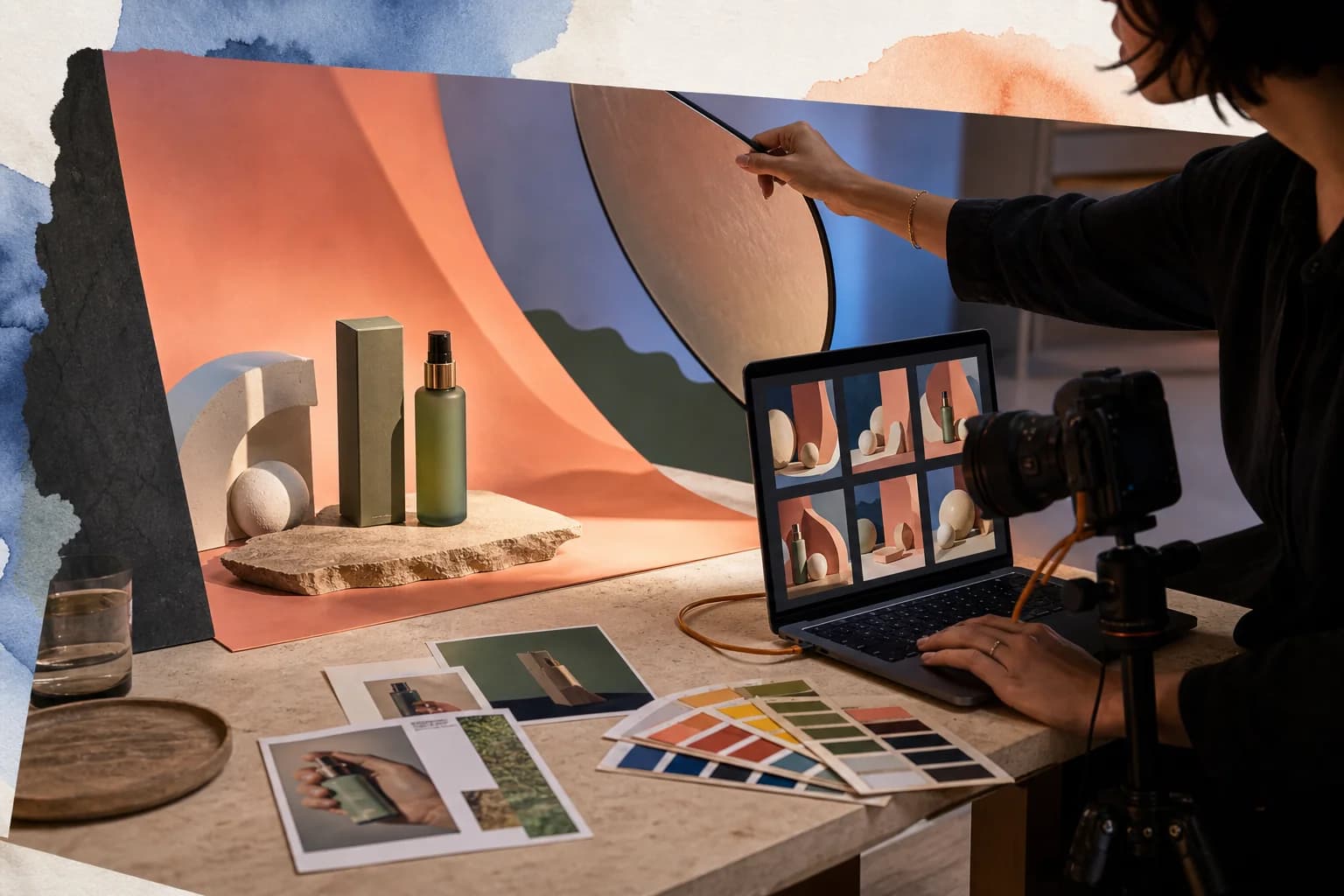 A creator art-directing a product campaign in a compact studio