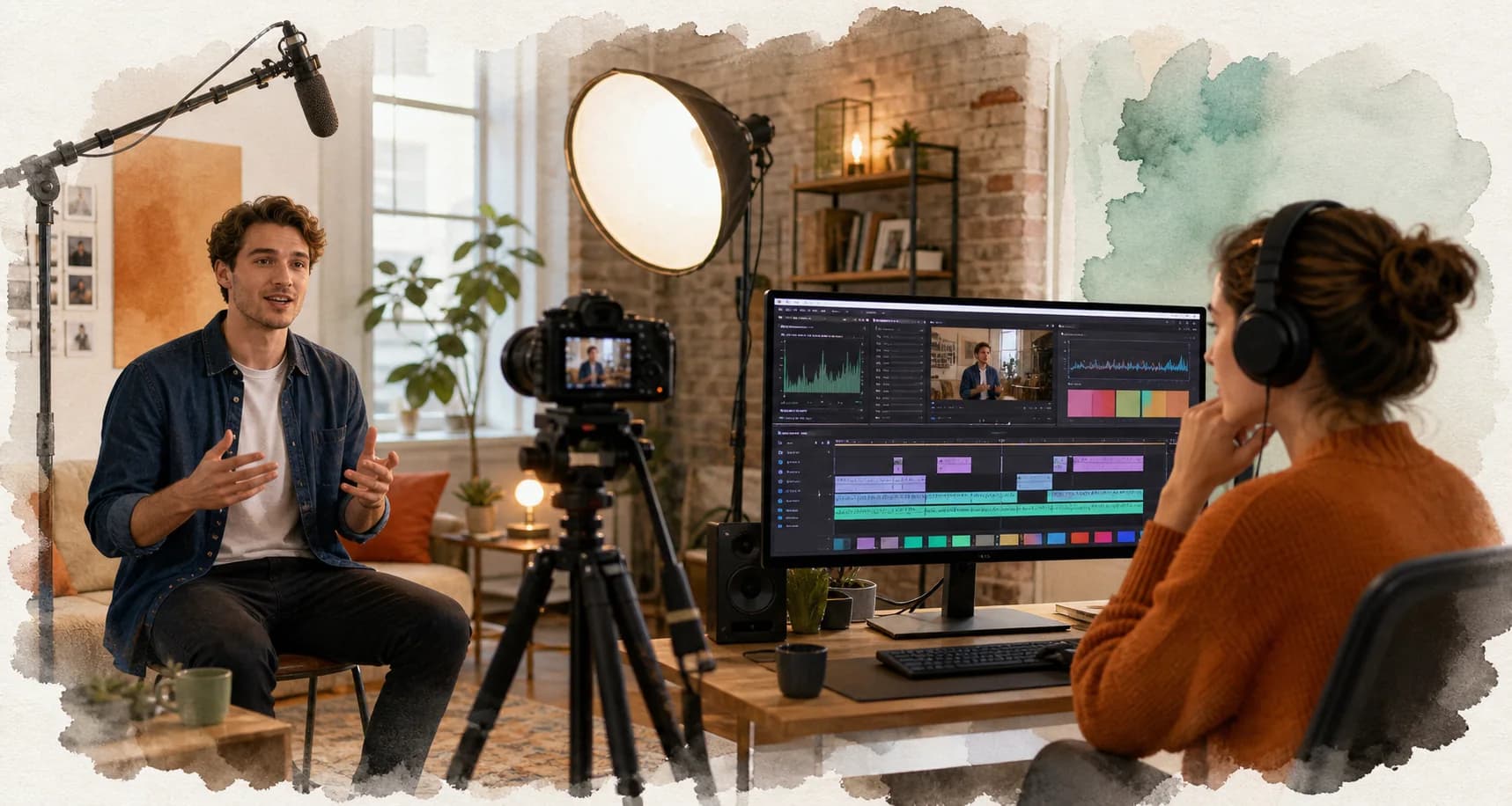 A host filming while an editor reviews the video timeline
