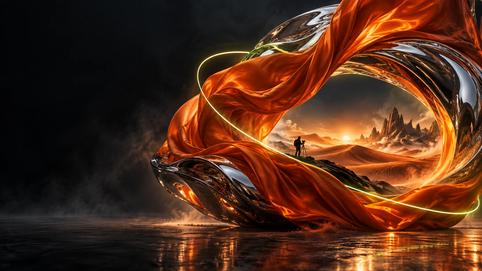Sculptural orange and chrome portal opening onto a cinematic desert world